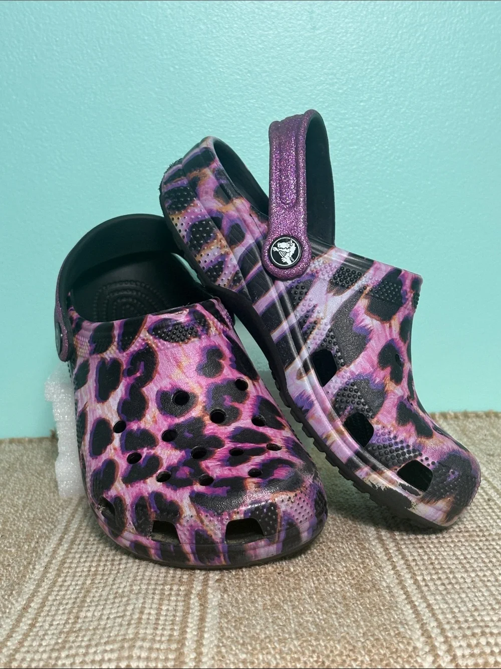 CROCS Kids Purple Leopard Print Clog with Glitter Strap. Croslite Foam. Size-J 2